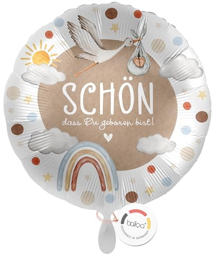balloa Folienballon Schön dass du geboren bist, Deko zur Geburt, 33 cm | Storch und Regenbogen in sanften Farben, runde Form, heliumgeeignet, ungefüllt, neutrale Deko zur Geburt und Babyparty