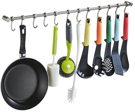 Kelelife Geschirr hängende Rack mit 12 abnehmbaren Haken, Edelstahl Küche Schiene Pfanne Hanger Wandmontage Organizer für Werkzeuge, Handtücher, Töpfe, Mäntel, Hüte gebürstetes Nickel