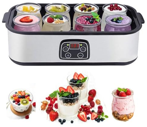 GYLFZDQ Yogurtiera Digitale Automatica con 8 vasetti in Vetro da 180 ml, yogurtiera probiotica in Acciaio Inox con Controllo costante della Temperatura e Display LCD Silver,1400ML