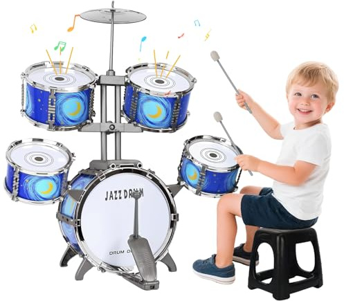 Upgraded Kids Drum Kit for Toddlers 1-3, Jazz Kids Drum Sets 5 Drums, Moon Set for Kid 3-5, Musical Toy Instrument Gifts for Beginners 3 4 5 6 7 8 9 Year Old Boys Girls (Blue)