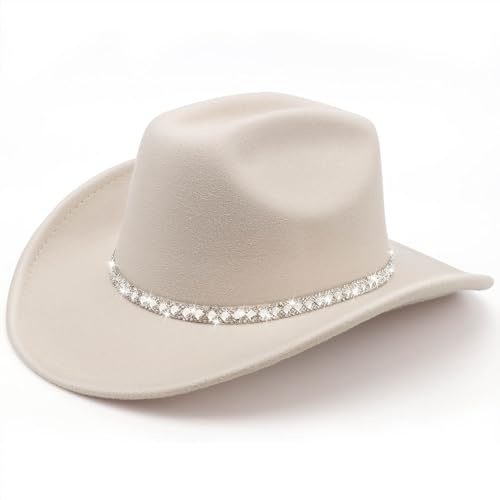 DRESHOW Western Cowboy Hat for Women and Men Wide Brim Glitter Cowboy Cowgirl Hat with Rhinestone Felt Fedora Hats Unisex Rolled up Caps
