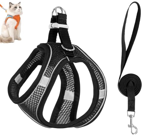 Katzengeschirr mit Leine, verstellbares und ausbruchsicheres Katzengeschirr mit Reflektorstreifen für Katzen, Hunde und Haustiere (Schwarz, XS)