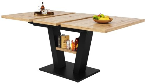 HAINEW Matbord, köksbord, utdragbart med MDF-marmormönster, bordsskiva och metallfötter, rektangulärt köksbord, matbord för 4–6 personer, 118–157 × 70 cm, Svart + Natur