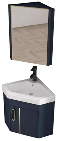 Mobile Bagno Angolare Sospeso con Lavabo in Ceramica Mobilett Bagno Salvaspazio con Armadietto Specchio, Vanity da Parete per Bagni Piccoli, Ospiti, Appartamento(43cm(17''))