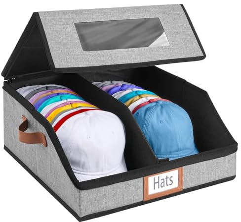 WERNNSAI Hat Storage for Baseball Caps, Clear Window Hat Organizer Box with Expanded Capacity, Holds up to 28 Hats for Cap Closet Bedroom Dorm, Grey