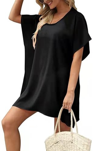 XFSRG Vestito Spiaggia Donna Abito Mare Copricostume Scollo V Maniche Corte Vestito Estivo Leggero Copribikini Beachwear Elegante Abiti da Spiaggia Vacanza(Nero)
