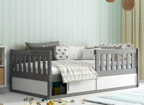 Interbeds Kinderbett 80x160 cm aus Holz in Grau mit Rausfallschutz – Montessori Bodenbett mit Schutzbarriere und Stauraum, Kinderbett für Jungen und Mädchen, Naturholz Smart (grau)