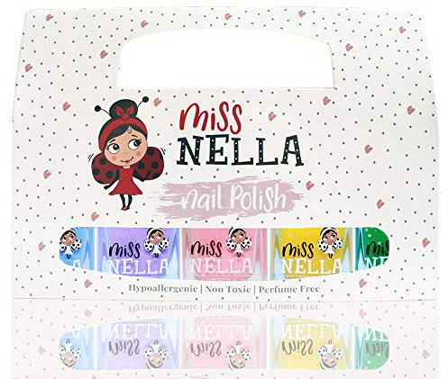 Miss Nella SPRING IT ON Nagellack 5er Set Blau, Lila, Rosa, Gelb & Grün abziehbarer Nagellack speziell für Kinder, Peel-Off-Formel, ungiftig, wasserbasiert und geruchsneutral