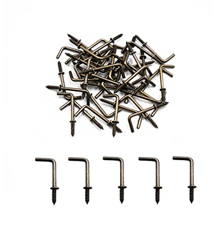 IDEALSV Small Antique Brass Screw in Hooks 5/8 L Shape & Right Angle Medal Hooks (50 Pack)