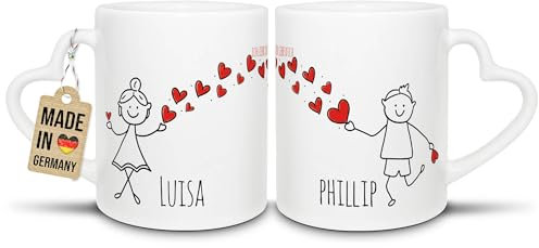 Partner-Tassen mit süßen Strichmännchen - für Frau und Mann - zum selbst Beschriften mit Wunschnamen - 2er Set Kaffeebecher aus Keramik mit Herzhenkel in Weiß, je 300 ml