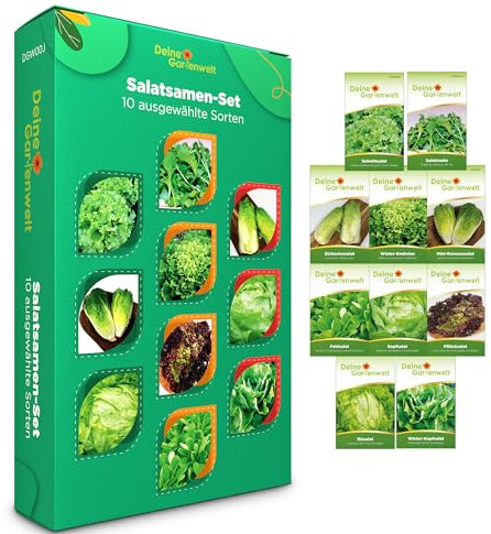 Salatsamen Set - 10 Sorten Samen - Saatgut Sortiment - Anzuchtset für Salat - Geschenkset - Schnittsalat, Feldsalat, Kopfsalat, Wintersalat, Eissalat, Romanasalat, Salatrauke und mehr