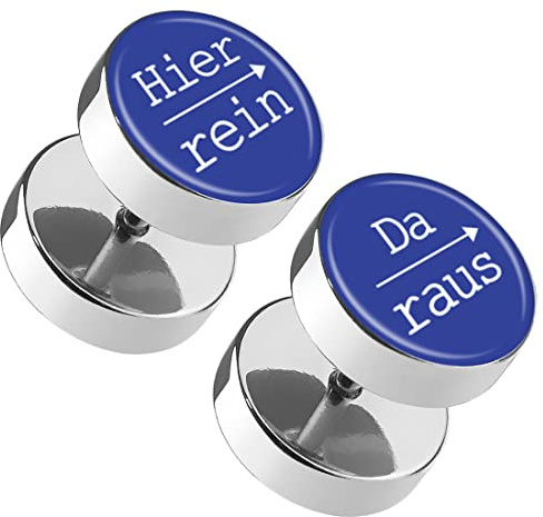 Taffstyle Runde Ohrringe Ohrstecker Fake Piercing Ohr Plug Flesh Tunnel Edelstahl Platte Stecker Spruch Hier rein, Da raus 12mm Blau