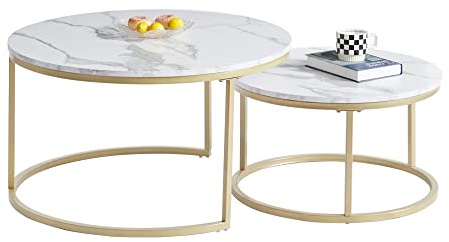 GrandCA HOME Juego de 2 Mesas Nido Mesas de Centro para salón, Mesas Auxiliares 80x80x45 cm (Grande) y 60x60x35 cm (pequeña), Vidrio y Oro