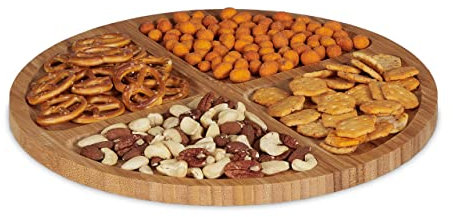 Relaxdays Plato Servir Aperitivos Diseño Redondo, Tabla Quesos y Embutidos Bambú, Fuente Tentempié, Ø 33 cm, Natural