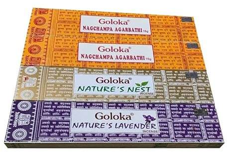 Goloka Räucherstäbchen-Sortiment, 2 x Nag Champa, Nature´s Nest, Lavendel, 4 Boxen x 15 gL8