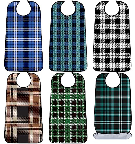 SATINIOR 6 Pack Adult Bibs for Men Elderly Eating Bibs with Crumb Catcher Waterproof Washable Clothing Protectors Father Gift(Plaid Style)