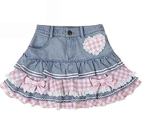 Preppy Lolita Kawaii-kjolar, söt minikjol för damer, kjol av denim, skater, Y2K, med hög midja och spets, kakkjol, BLÅ, L