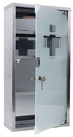 UISEBRT Medizinschrank aus Edelstahl 30 x 12 x 57,5cm, 4 Fächer Abschließbar Arzneischrank mit Glastür, Erste Hilfe Schrank inkl. 2 Schlüsseln, Medikamentenschrank Apothekerschrank, Silber