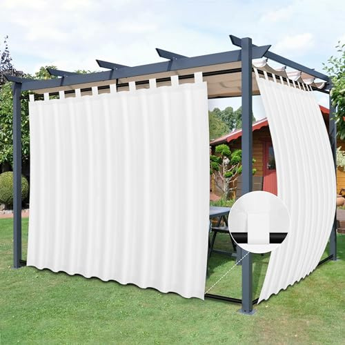 Easy-Going Outdoor Patio Curtains Detachable Tab Top Windproof Weatherproof Curtain for Cabana, Porch, Pergola and Gazebo, Tab Bottom Drape, 2 Panels, 110W x 84L inch, White