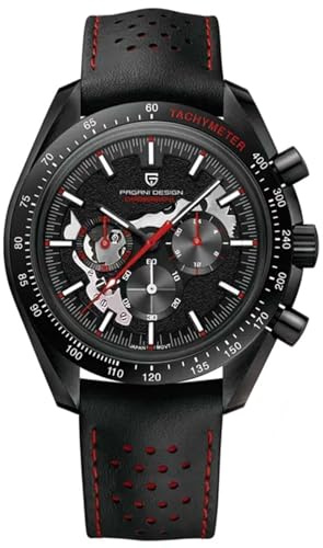 Pagani Design 1779 Montre Hommes Dark Side of The Moon Montre Hommes à Quartz VK63 Calibre Cadran Squelette Bracelet Cuir Véritable 100M Water Resistant Fashion Sports Watch (Rouge)