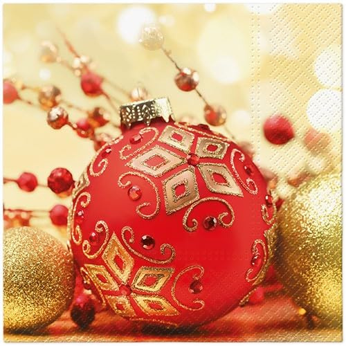 20 Servietten Weihnachten Rote Weihnachtskugel mit gold als Tischdeko. Papierservietten mit Motiv. Auch für Decoupage und Serviettentechnik 33x33cm