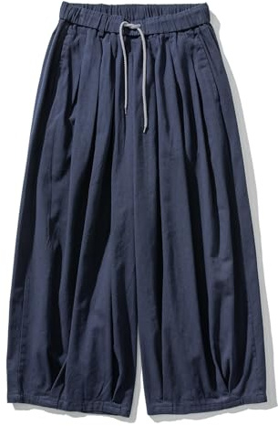 GURUNVANI Pantaloni harem da uomo a gamba larga giapponesi pantaloni larghi casual elastico in vita pantaloni, Blu, M