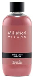 Millefiori Milano – Fragranza per Diffusore a Bastoncini 250 ml, Ambra & Rosa – Profumatore Ambiente Raffinato con Note Fiorite e Legnose