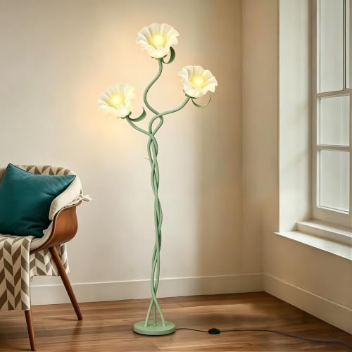 Vintage 3 Heads Flower Floor Lamp for Living Room,3 Color Modes LED Modern Corner Standing Lamp with Goosenecks, Bright Tall Cute Dimmable Lamp for Kids Reading Girls' Bedroom Office Home Decor(Green)