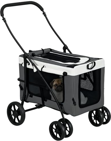 PawHut Vikbar barnvagn för djur, hund, katt, avtagbar spjälsäng, axelremmar, 4 hjul med broms, 600D Oxfordtyg, 81 x 58 x 97,5 cm