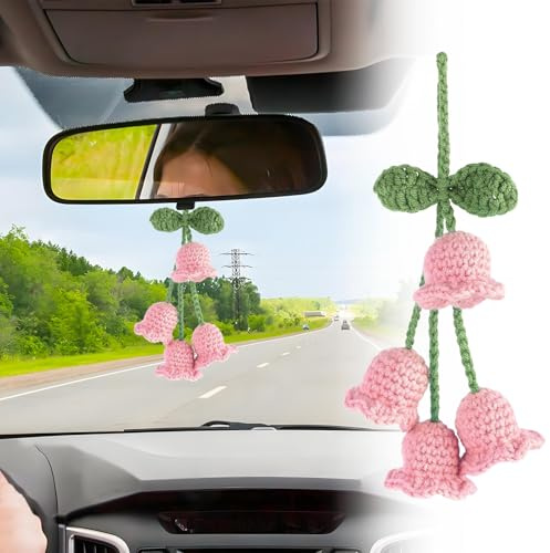 HIAHXC 1 Stück Auto Deko Glockenblume, Autospiegel Anhänger Handgestricktes, Rückspiegel Anhänger für Auto Autozubehör Innenraum Deko (Rosa)