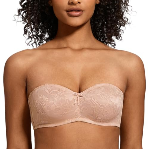 MELENECA Reggiseno Bandeau Donna Senza Ferretto, Pizzo Trasparente Minimizzante e Senza Spalline Beige 6D
