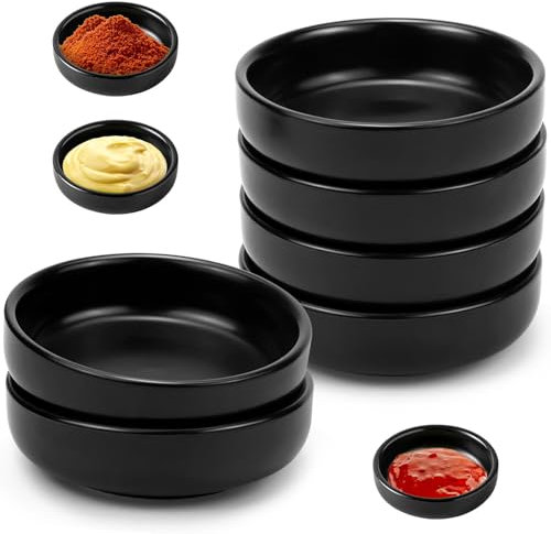 KXVXXV 6er Dipschalen Set Dip Schalen Set Sojasauce Schälchen Kleine Schalen Keramik Schale Saucenschälchen 9x2,5 cm für Sushi, Dessert, Ketschup, BBQ (Schwarz)