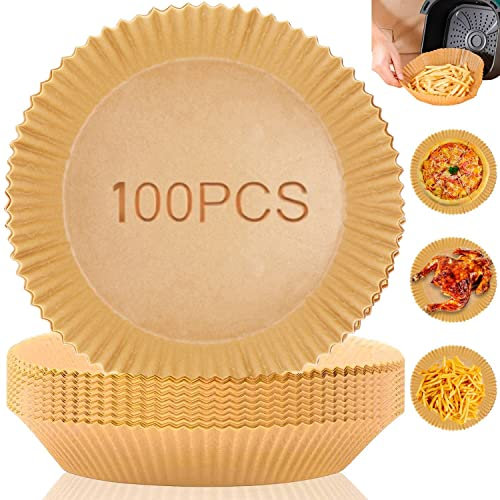Velrithia Backpapier für Heißluftfritteuse,100 Stück 20-24cm Airfryer Backpapier,Antihaft Wasserdicht Ölfest Einwegschalen Pergamentpapier Liner für4.5-8L Bratpfanne Ofen Mikrowelle(Runden)