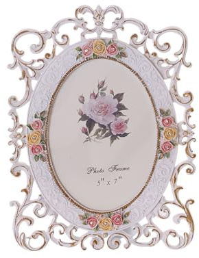 BM-015 Rosas Decoración Barroca Romántica Estilo rústico, Blanco, Marco de Fotos Decoración, Tamaño de la foto 13 x 18 cm (5 x 7 pulgadas)