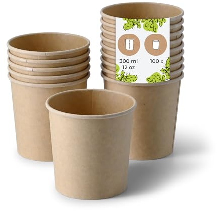 BIOZOYG Suppenbecher to go 100 Stück 300 ml / 12 oz, Ø 90 mm, braun Suppenschüsseln Einweg - Einweggeschirr - Alternative zur Plastikschüssel - To go Becher, Suppe, Soup Bowl