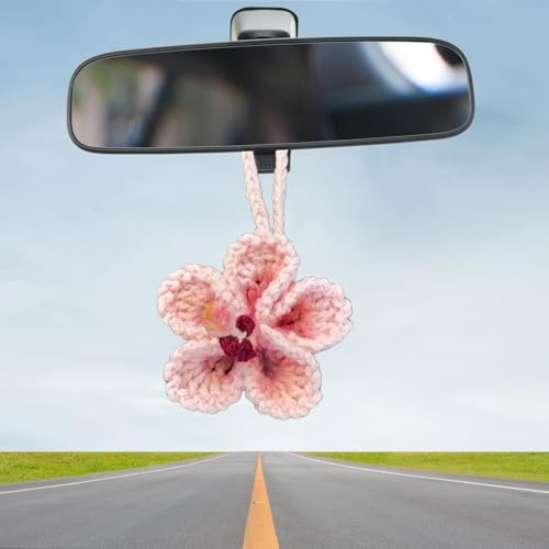 Hibiscus Flower Car Hanging Accessories, Pink Aesthetic Knitted Crochet Flower Car Mirror Accessories, Automotive Interior Mirrors Hanging Ornament Gifts For Women Men Girls
