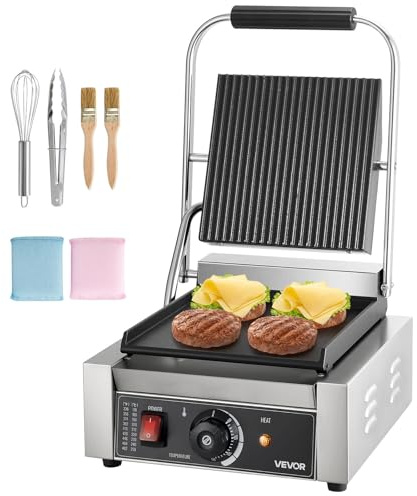 VEVOR Parrilla de Contacto Eléctrica 1800 W, Sandwichera, de Acero Inoxidable, con Asa y Control de Temperatura, Placa Plana Esmaltada 22 x 23 cm Individual, 308 x 400 x 210 mm, 50-300 °C ±15°
