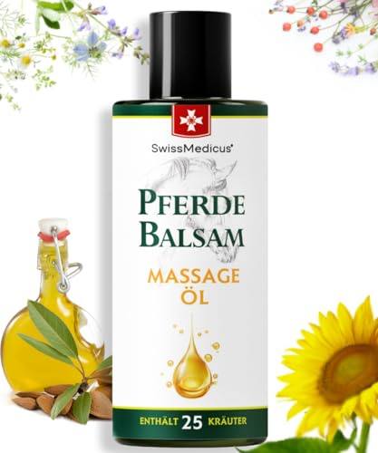 SwissMedicus Bálsamo para caballos, aceite de masaje, aceite de hierbas con 25 hierbas y vitamina E, aceite de almendra, girasol y castaño, relajante para músculos y articulaciones, 200 ml