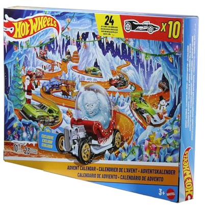 Hot Wheels Toy Cars & Playset, 2026 Advent Calendar with 10 Vehicles in 1:64 Scale, 14 Winter-Themed Accessories & 10 Ornament Clips, JLG41