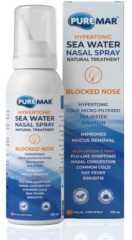 PUREMAR Hypertonic Natural Sea Water Nasal Spray 100ml for Colds, Hay Fever & Blocked Nose Relief