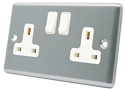 AET CSC2GSOCWH Satin Chrome Classical 2 Gang White Insert Plastic Rocker Switches-13 Amp Double Plug Socket, 240 V