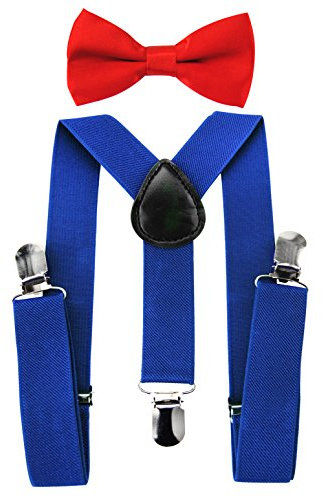 axy Kinder Blaue Hosenträger-Y Form mit Fliege- 3 Clips EXTRA STARK (Blaue Hosenträger + Rote Fliege)