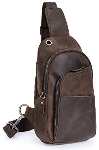 Le’aokuu Herren Echtes Leder Hüfttasche Brusttasche Bauchtsche Crossbody Bag Sling Bag Schultertsche Brustbeutel Alltag Sport Tasche 8010 (8010 A Braun)