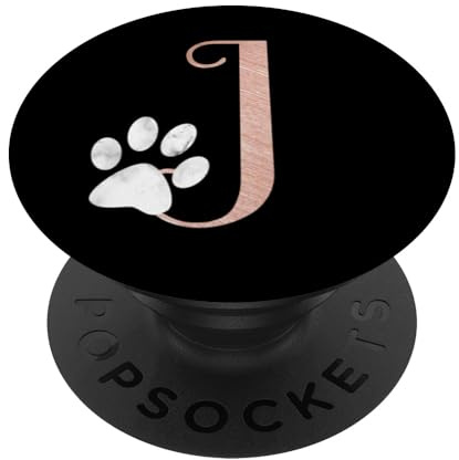 Letter J rose pink, white cat, dog paw monogram, initial J PopSockets PopGrip: Swappable Grip for Phones & Tablets PopSockets Adhesive PopGrip