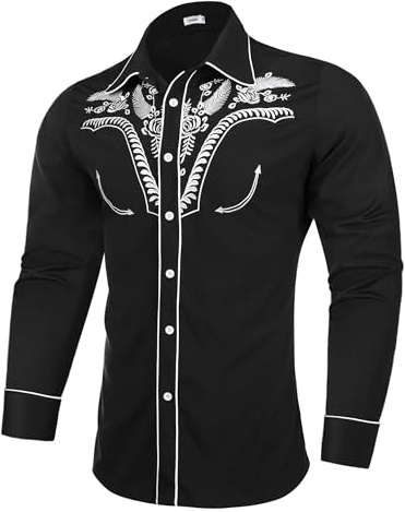 Sykooria Men's Shirts Long Sleeve Casual Vintage Floral Embroidery Button Down Western Shirts Regular Fit S-XXL