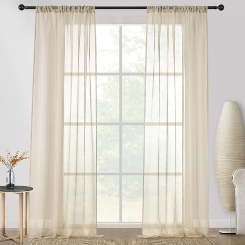 CUTEWIND Tende per Interni in Voile Trasparenti con Passanti Nascosti Beige Tende per Camera da Letto Soggiorno Finestra Tinta Unita in Poliestere Morbido Moderno 140x260 2 Pezzi