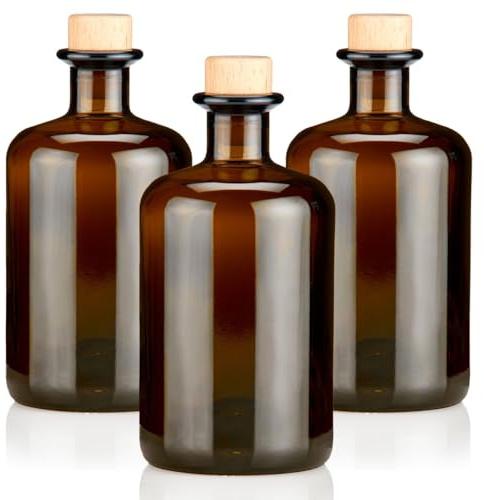 Geniess-Bar! 3x Apothekerflaschen braun 500ml leer Holzkorken natur, elegante Braunglas Flaschen schwarz antik für Öl, Gin, Kräuter Schnaps od. als Geschenk 0,5L Glasflaschen