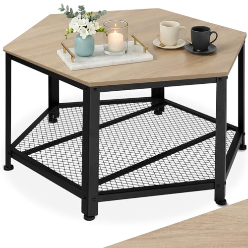 tectake® Table Basse Salon hexagonale 86,5 x 75 x 46,5 cm, Table Basse Style Industriel à 2 Niveaux, Bout de canape, Meuble Salon, Meuble Bureau, Chambre, Décoration Maison, Rangement, Bois Clair