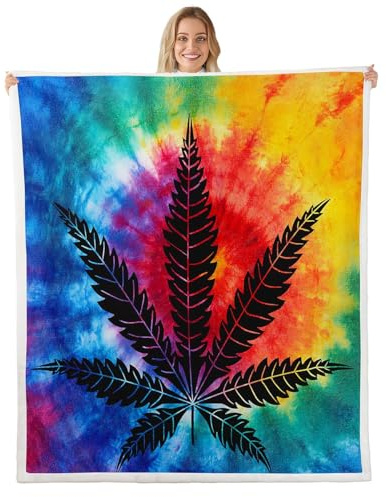 Marijuana Weed Fleece Throw Blanket Super Soft Cozy Rainbow Tie Dye Sherpa Blanket for Kids Women Adults Leaf Silhouette Plush Blanket Exotic Tribe Fuzzy Blanket for Sofa Bed Couch(30x40 Inches)
