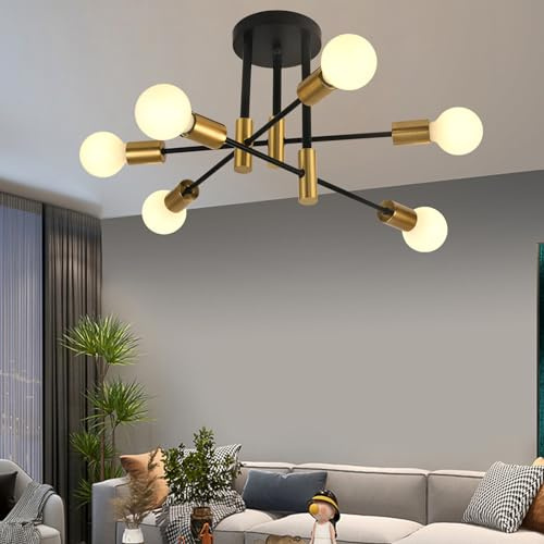 ZYDTRIP Deckenleuchte Vintage, Sputnik Kronleuchter Industrial Modern Hängelampe für Wohnzimmer Esszimmer Flur Restaurant Hotel, 6 Flammig Gold E27